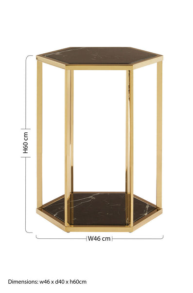Hexagonal End Table with Black Marble Top and Bottom and Gold Finish Stainless Steel Frame | Piermount