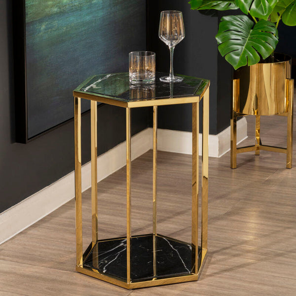 Hexagonal End Table with Black Marble Top and Bottom and Gold Finish Stainless Steel Frame | Piermount