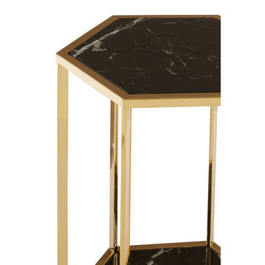 Hexagonal End Table with Black Marble Top and Bottom and Gold Finish Stainless Steel Frame | Piermount