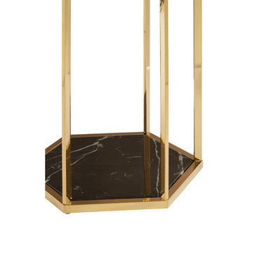 Hexagonal End Table with Black Marble Top and Bottom and Gold Finish Stainless Steel Frame | Piermount