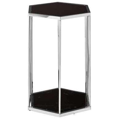 Hexagonal End Table with Black Marble Top and Bottom and Silver Finish Stainless Steel Frame | Piermount