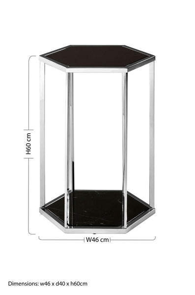Hexagonal End Table with Black Marble Top and Bottom and Silver Finish Stainless Steel Frame | Piermount