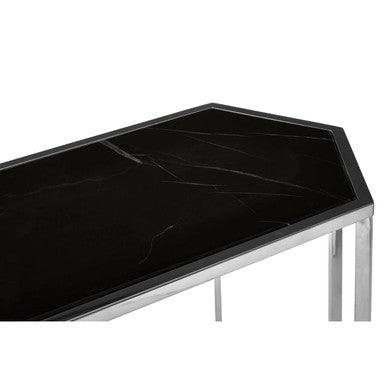 Silver Solid Steel Frame Console Table with Black Marble Top and Bottom | Piermount