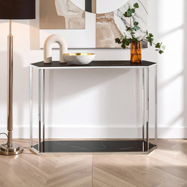 Silver Solid Steel Frame Console Table with Black Marble Top and Bottom | Piermount