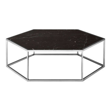 Silver Stainless Steel Frame Hexagon Coffee Table with Black Marble Top | Piermount