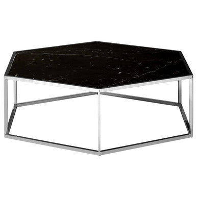 Silver Stainless Steel Frame Hexagon Coffee Table with Black Marble Top | Piermount