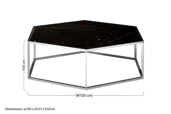 Silver Stainless Steel Frame Hexagon Coffee Table with Black Marble Top | Piermount