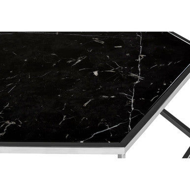 Silver Stainless Steel Frame Hexagon Coffee Table with Black Marble Top | Piermount