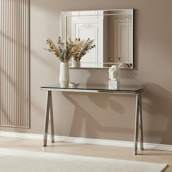 Clear Glass Top Console Table with Silver Finish Stainless Steel Base | Piermount