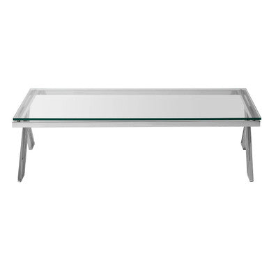 Clear Glass Top Rectangular Coffee Table with Silver Finish Stainless Steel Slim Lines Frame | Piermount