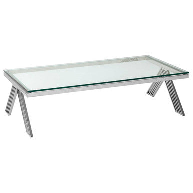 Clear Glass Top Rectangular Coffee Table with Silver Finish Stainless Steel Slim Lines Frame | Piermount