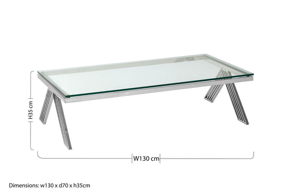 Clear Glass Top Rectangular Coffee Table with Silver Finish Stainless Steel Slim Lines Frame | Piermount