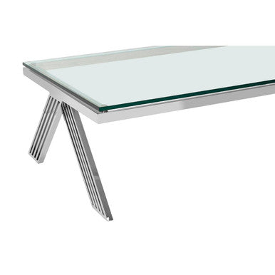 Clear Glass Top Rectangular Coffee Table with Silver Finish Stainless Steel Slim Lines Frame | Piermount