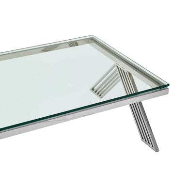 Clear Glass Top Rectangular Coffee Table with Silver Finish Stainless Steel Slim Lines Frame | Piermount