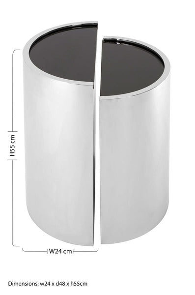 Set of 2 Semicircular Black Glass Top End Tables with Silver Finish Steel Frame | Piermount