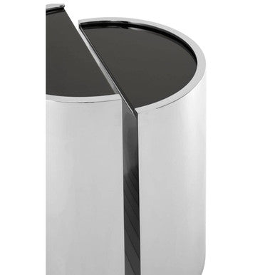 Set of 2 Semicircular Black Glass Top End Tables with Silver Finish Steel Frame | Piermount