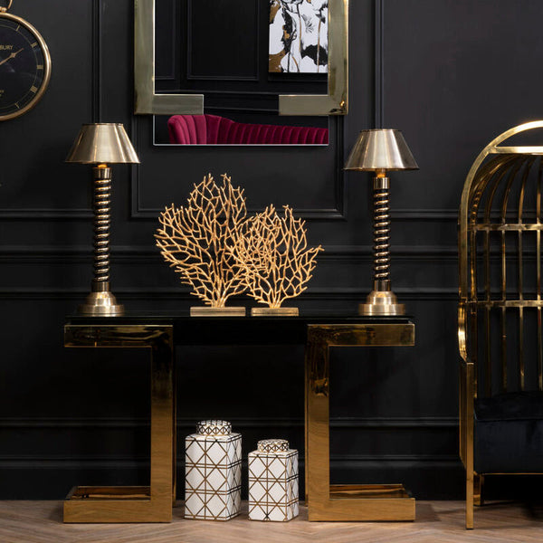Deana Black and Clear Glass Console Table with Gold Finish Base