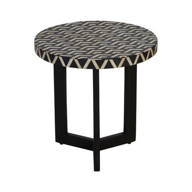 Black and White Top Bone Inlay Side Table with Black 3 Cross-Leg Base | Boho