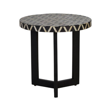Black and White Top Bone Inlay Side Table with Black 3 Cross-Leg Base | Boho