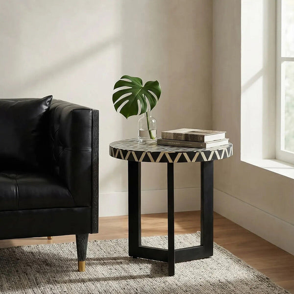 Black and White Top Bone Inlay Side Table with Black 3 Cross-Leg Base | Boho