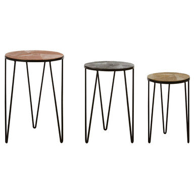 Set of 3 Assorted Textured Round Top Side Tables with Black Metallic Hairpin Legs | Mirano