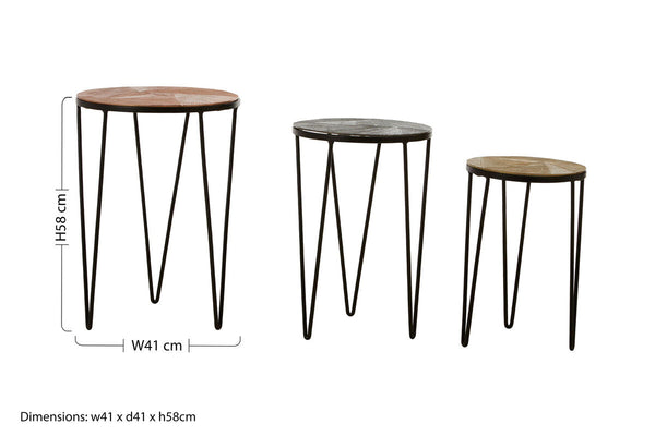 Set of 3 Assorted Textured Round Top Side Tables with Black Metallic Hairpin Legs | Mirano