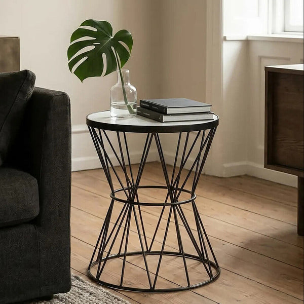 Rabia White Marble Round Side Table with Black Finish Base