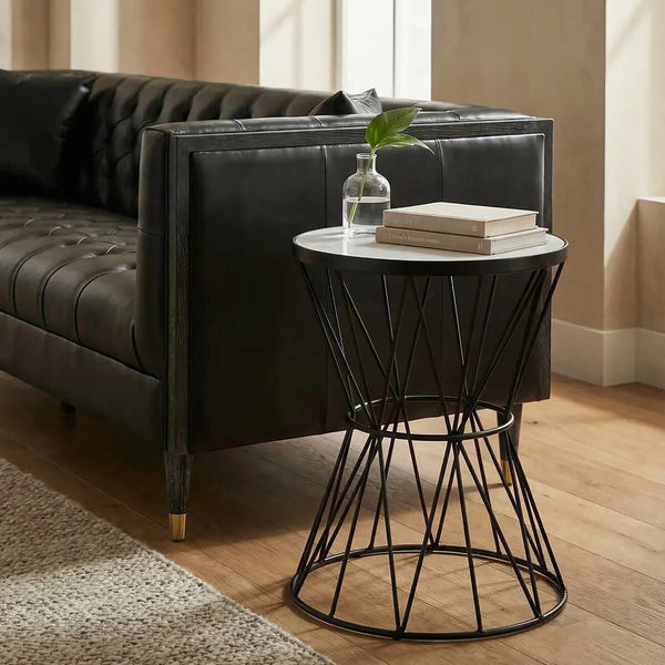 Rabia White Marble Round Side Table with Black Finish Base