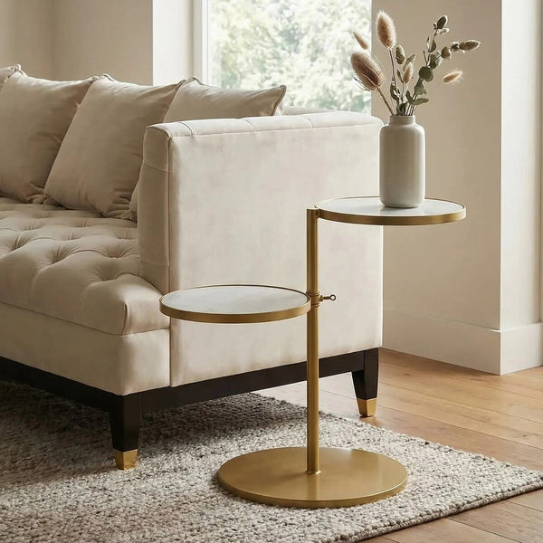 Gold Finish 2 Shelves Side Table with White Marble Tops | Rabia