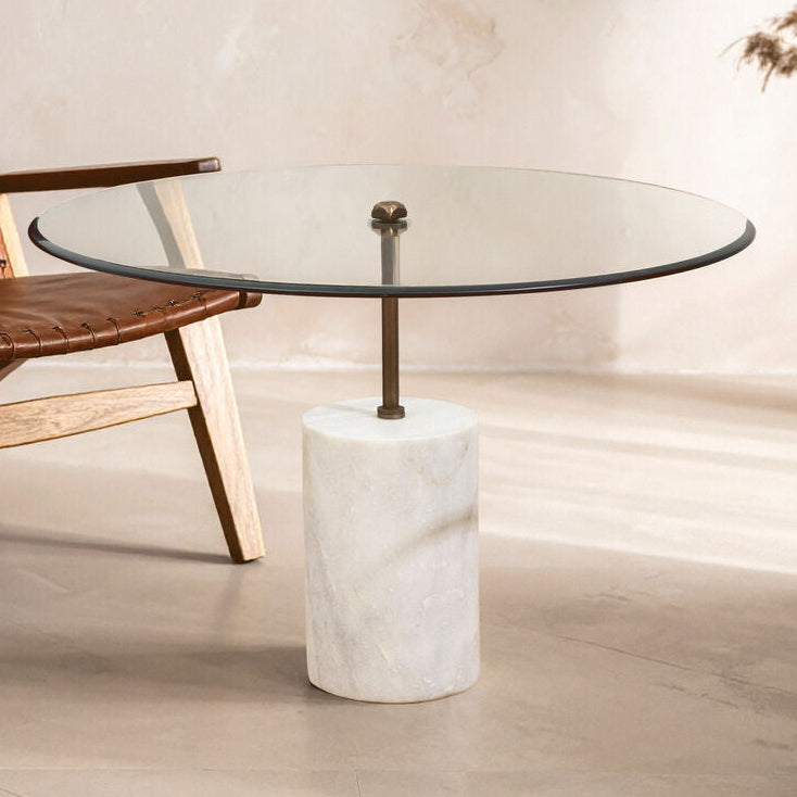 White Marble Base Side Table with Clear Glass Top | Rany