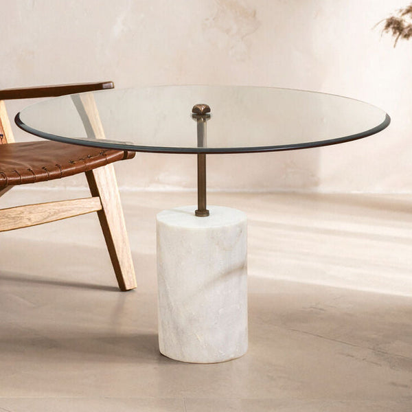 White Marble Base Side Table with Clear Glass Top | Rany