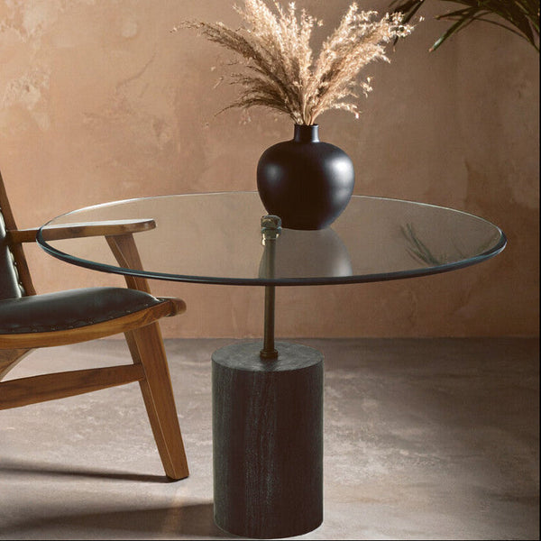 Black Marble Base Side Table with Clear Glass Top | Rany