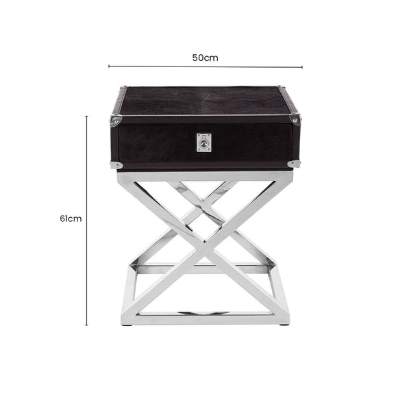 Black and Silver Hair-On-Leather Top 1-Drawer Side Table with Stainless Steel Legs | Kensington Townhouse