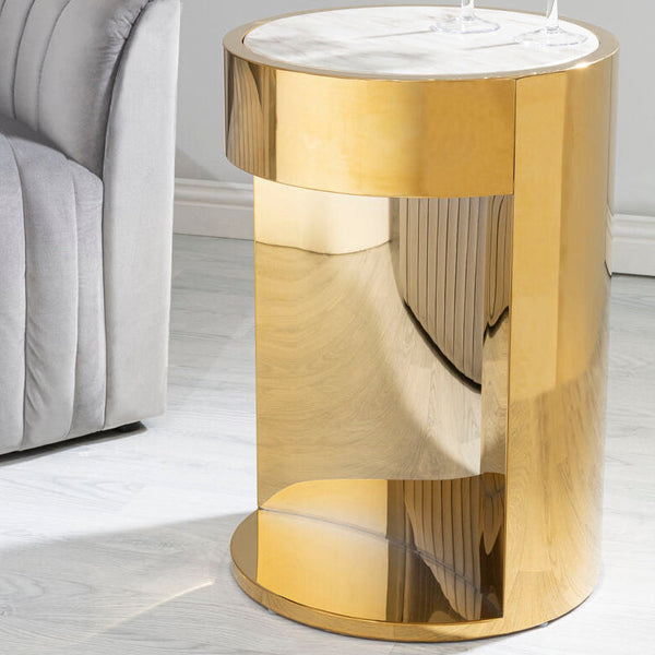 Carlox White Marble Effect and Gold Finish Round Side Table