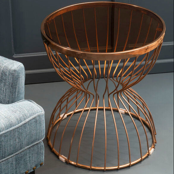 Tula Smoked Glass and Rose Gold Finish Hourglass Side Table