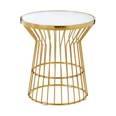 Gold Finish Corset Base Side Table with White Glass Top | Tula