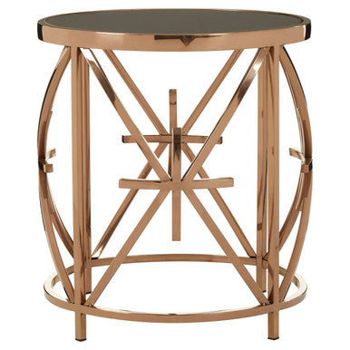 Black Glass Top Round Side Table with Rose Gold Star Stainless Steel Frame | Tula
