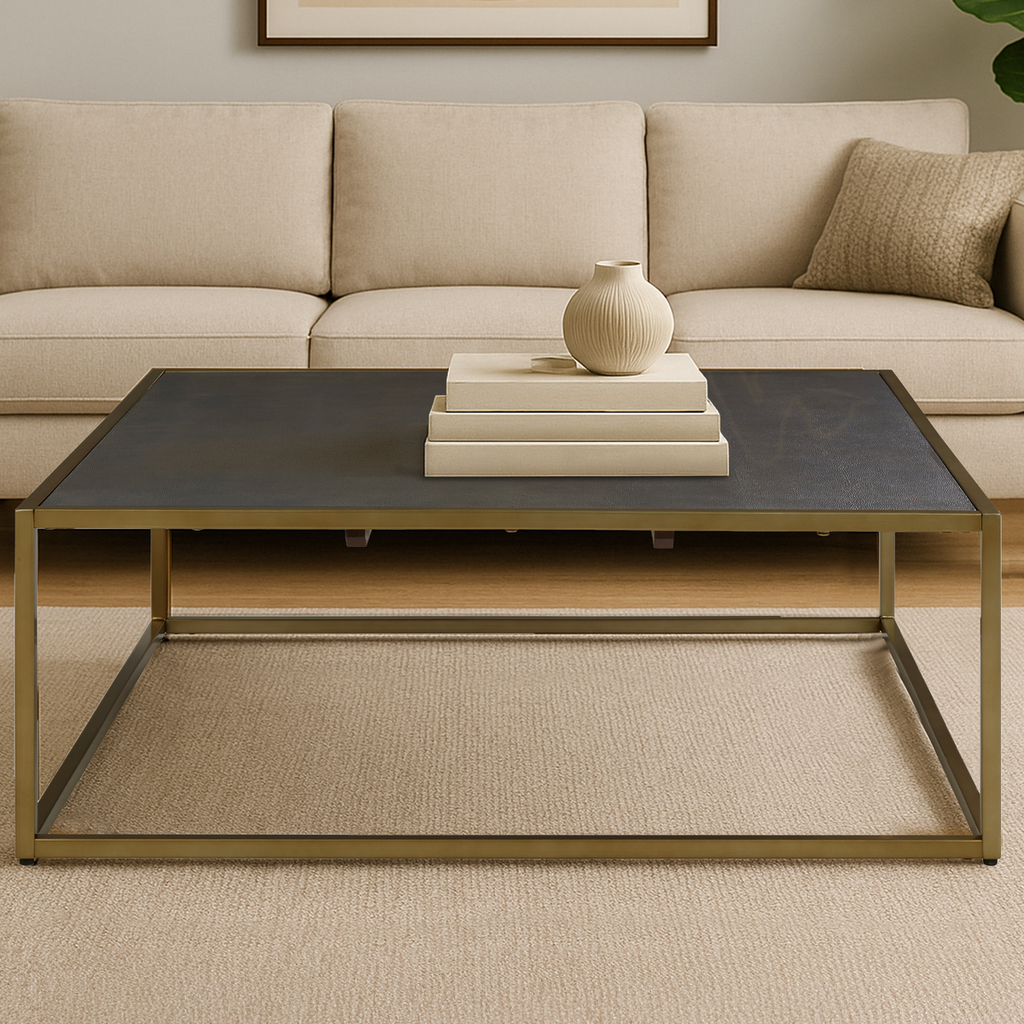 Textured Shahgreen Top and Gold Finish Square Coffee Table | Kempton