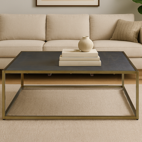 Textured Shahgreen Top and Gold Finish Square Coffee Table | Kempton