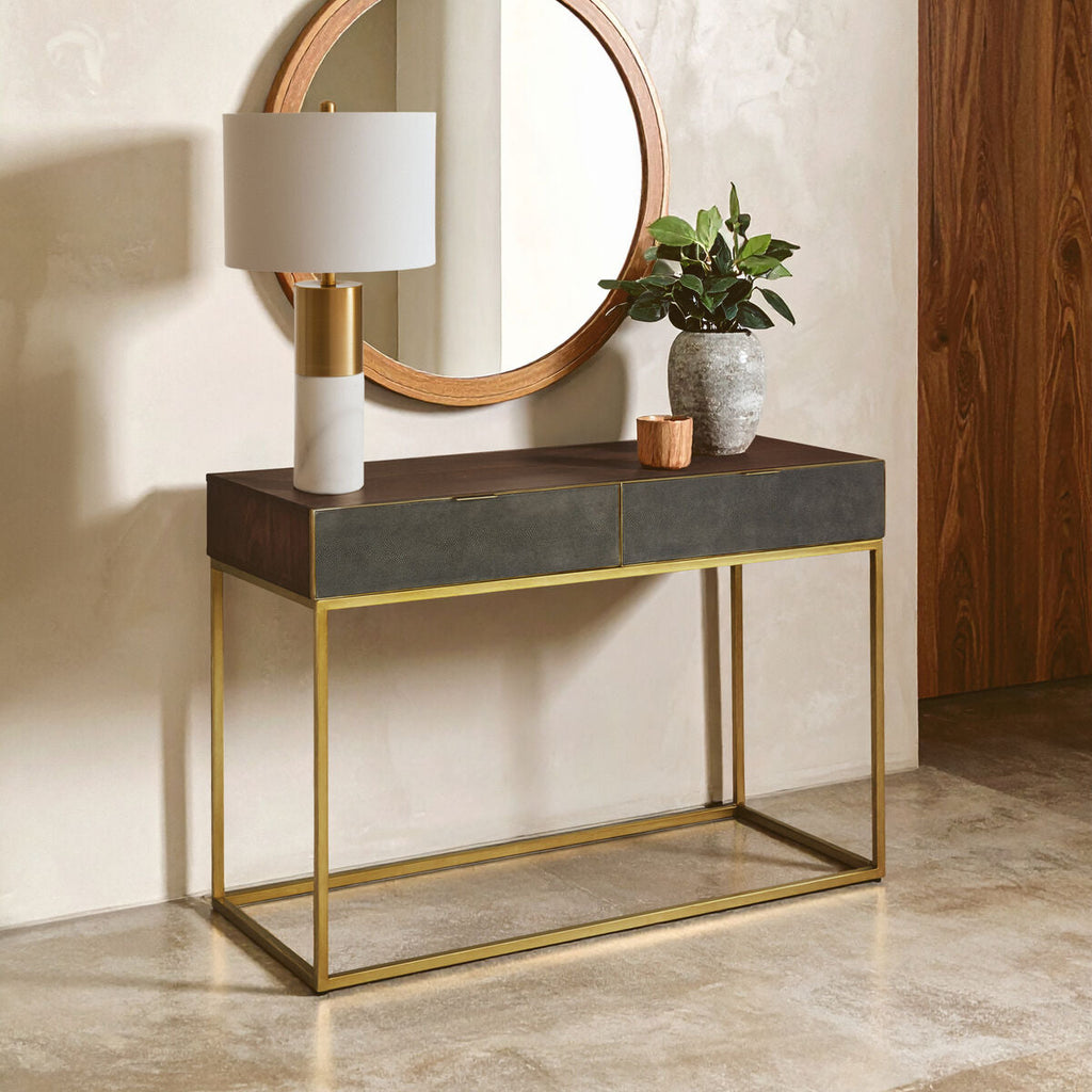 Textured Shahgreen 2 Drawer Gold Finish Console Table | Kempton