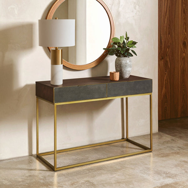 Textured Shahgreen 2 Drawer Gold Finish Console Table | Kempton