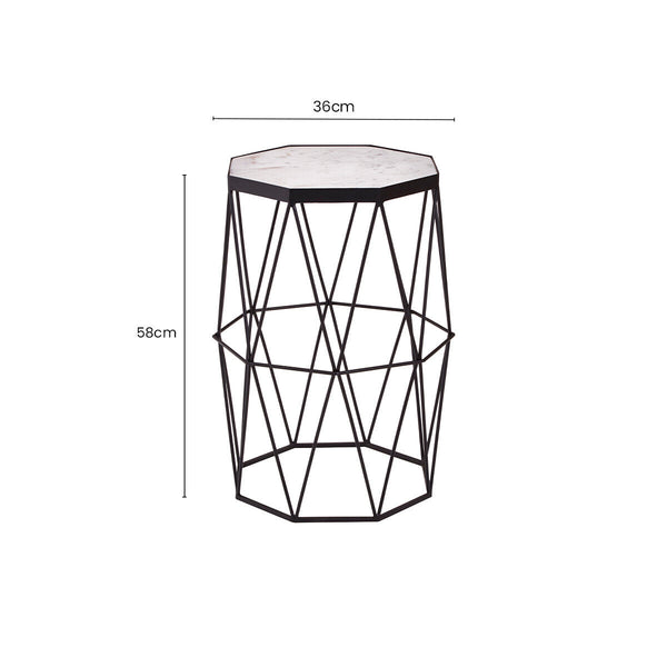 White Marble Top Octagonal Side Table with Black Finish Metal Base | Shalimar