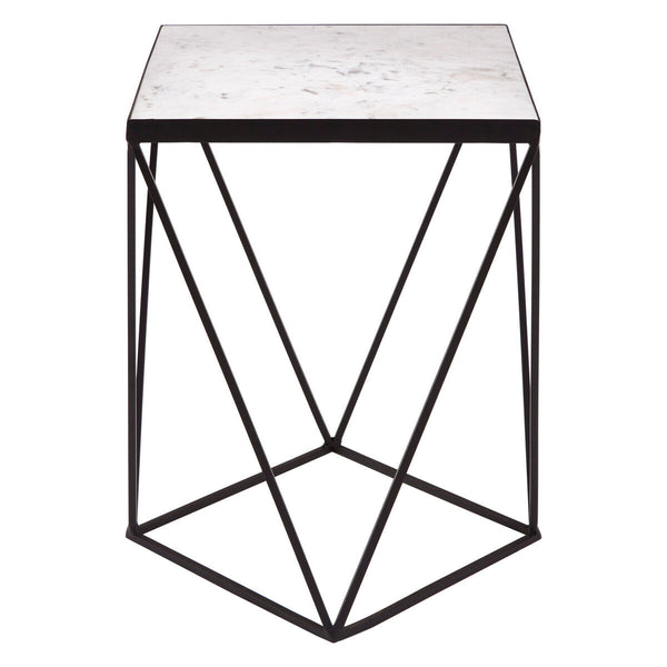 White Marble Top Square Side Table with Black Finish Metal Base | Shalimar