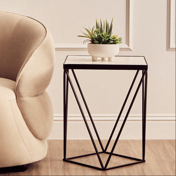 White Marble Top Square Side Table with Black Finish Metal Base | Shalimar