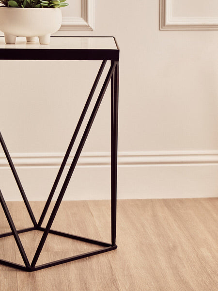 White Marble Top Square Side Table with Black Finish Metal Base | Shalimar