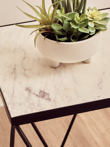 White Marble Top Square Side Table with Black Finish Metal Base | Shalimar