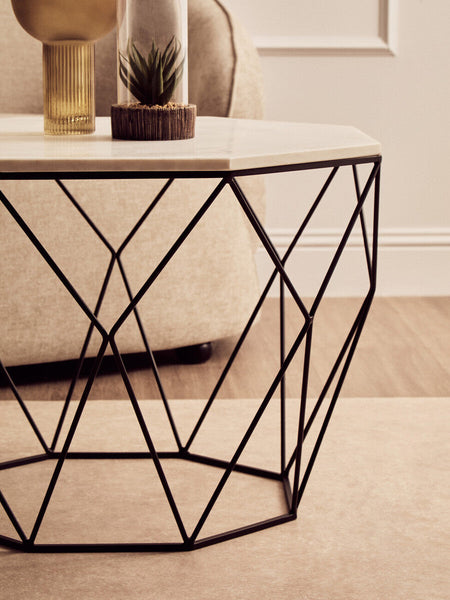 Shalimar White Marble and Black Finish Octagonal Coffee Table