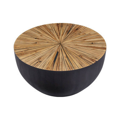 Natural Starburst Patterned Wood Top Round Ebony Small Console Table with Grey Bamboo Base | Gabo