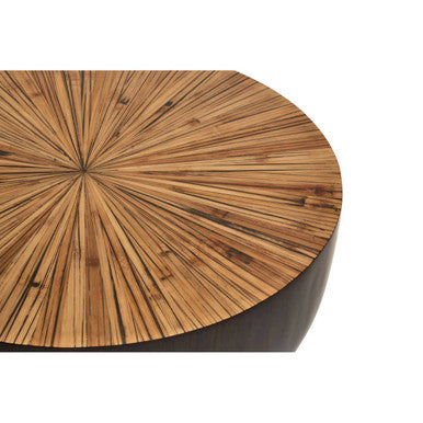 Natural Starburst Patterned Wood Top Round Ebony Small Console Table with Grey Bamboo Base | Gabo