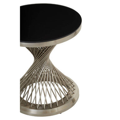 Anzio Black Glass Round Side Table with Silver Finish Base